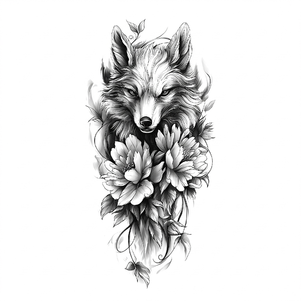 Large Realistic Wolf and Peony Temporary Tattoo