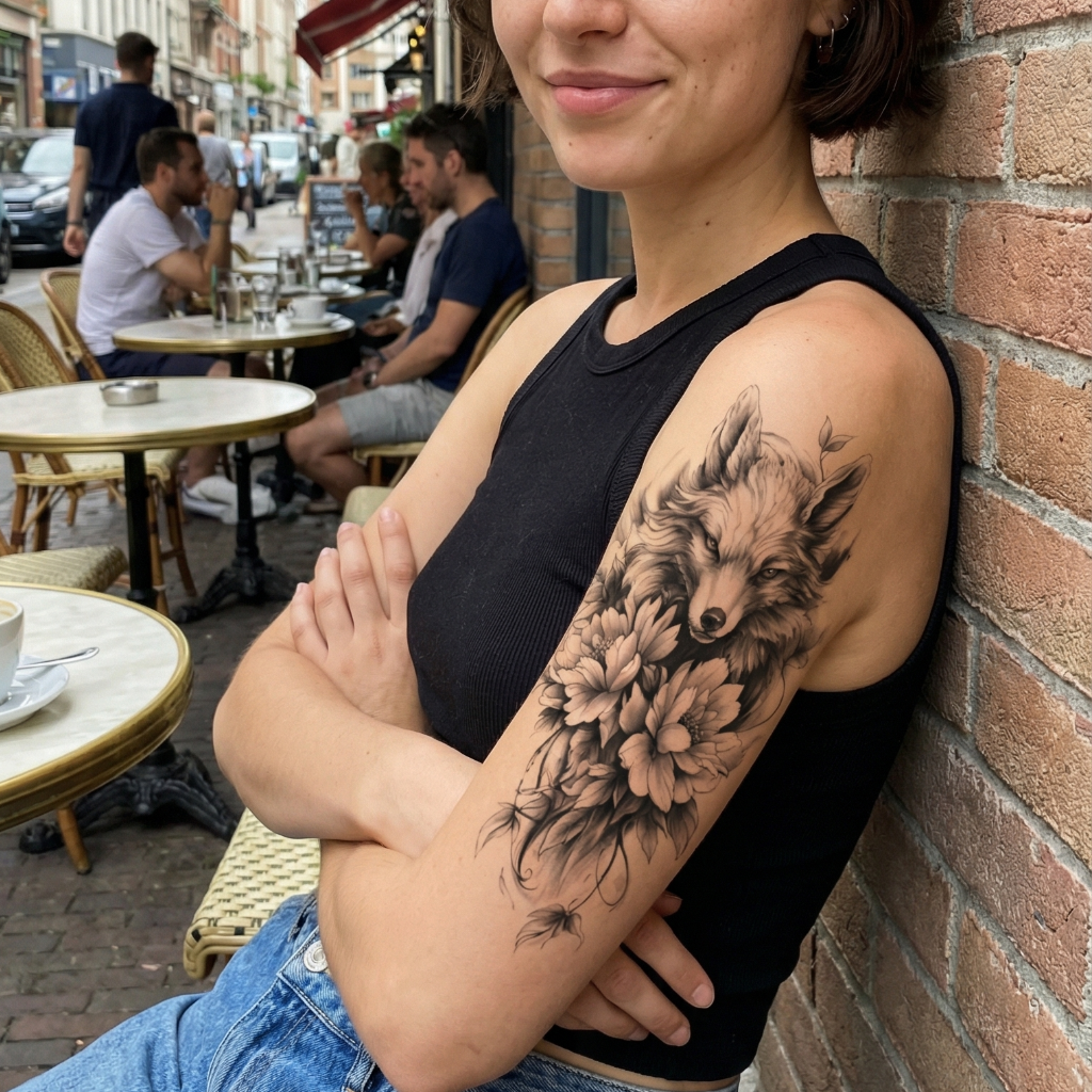 Large Realistic Wolf and Peony Temporary Tattoo