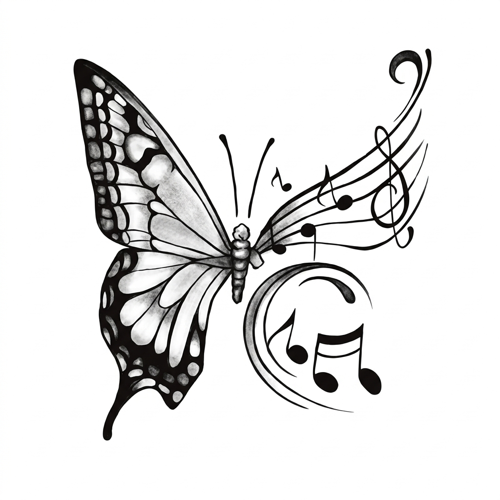 Musical Butterfly Temporary Tattoo - Artistic Note & Wing Body Art for Music Lovers - Waterproof