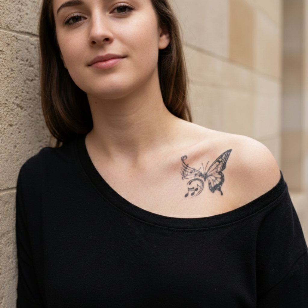Musical Butterfly Temporary Tattoo - Artistic Note & Wing Body Art for Music Lovers - Waterproof