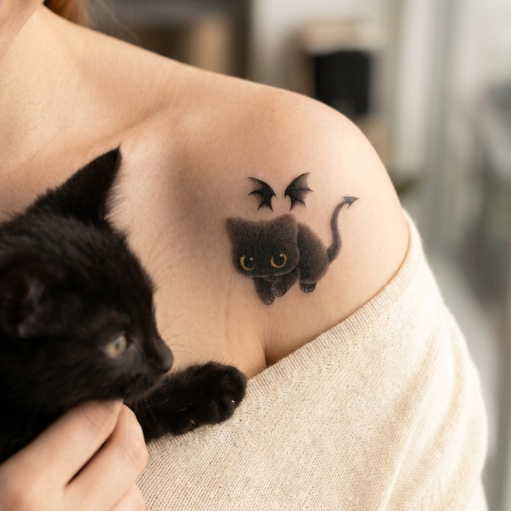 Cute Bat-Winged Black Cat Temporary Tattoo