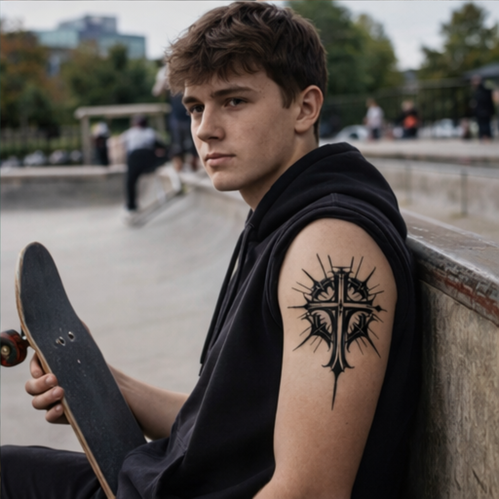 Semi-Permanent Gothic Halo Cross Tattoo