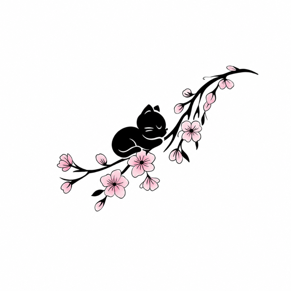 Minimalist Black Cat and Cherry Blossom Temporary Tattoo Sticker