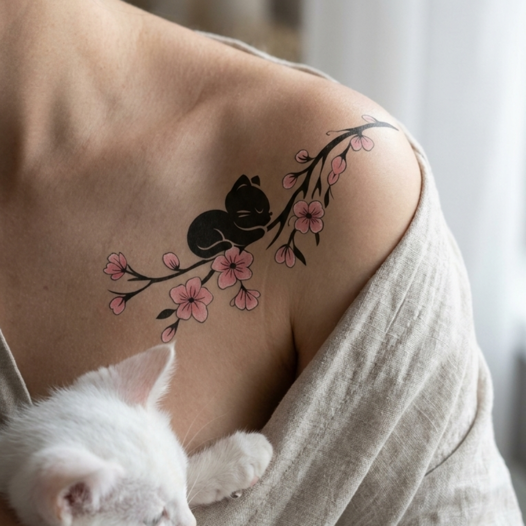 Minimalist Black Cat and Cherry Blossom Temporary Tattoo Sticker