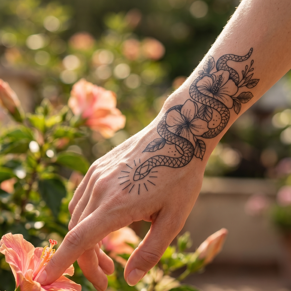 Semi-Permanent Snake & Hibiscus Flower Tattoo Sticker