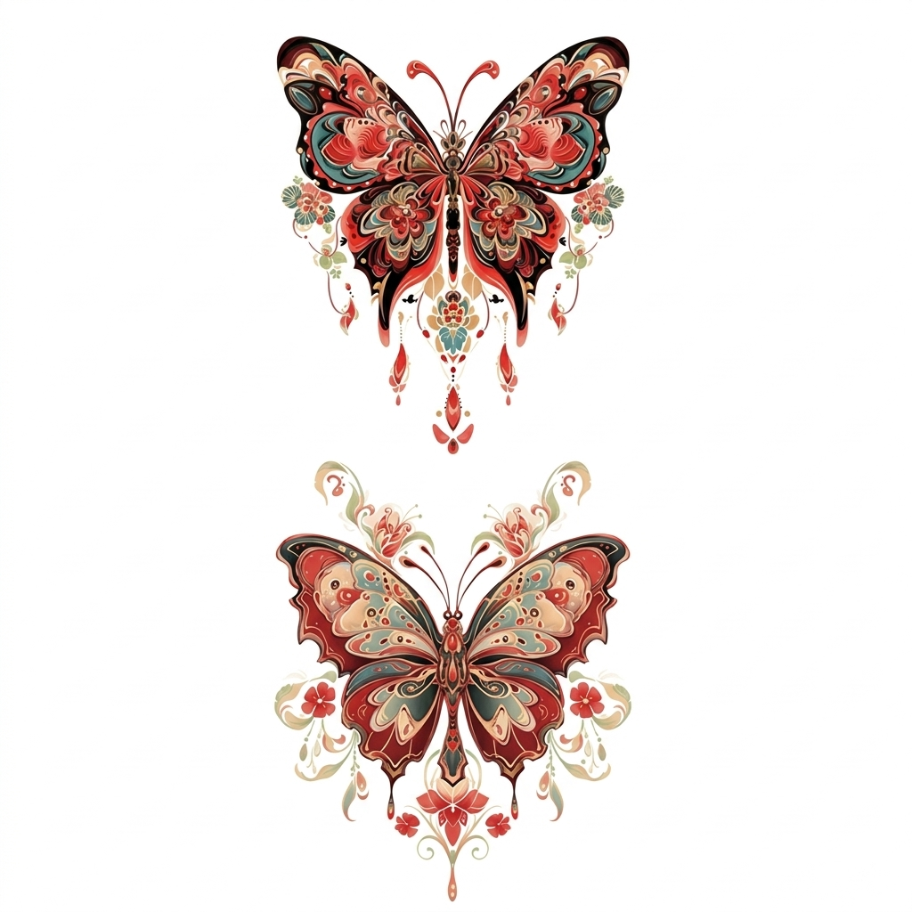 Vintage Red & Teal Ornamental Butterfly Temporary Tattoo