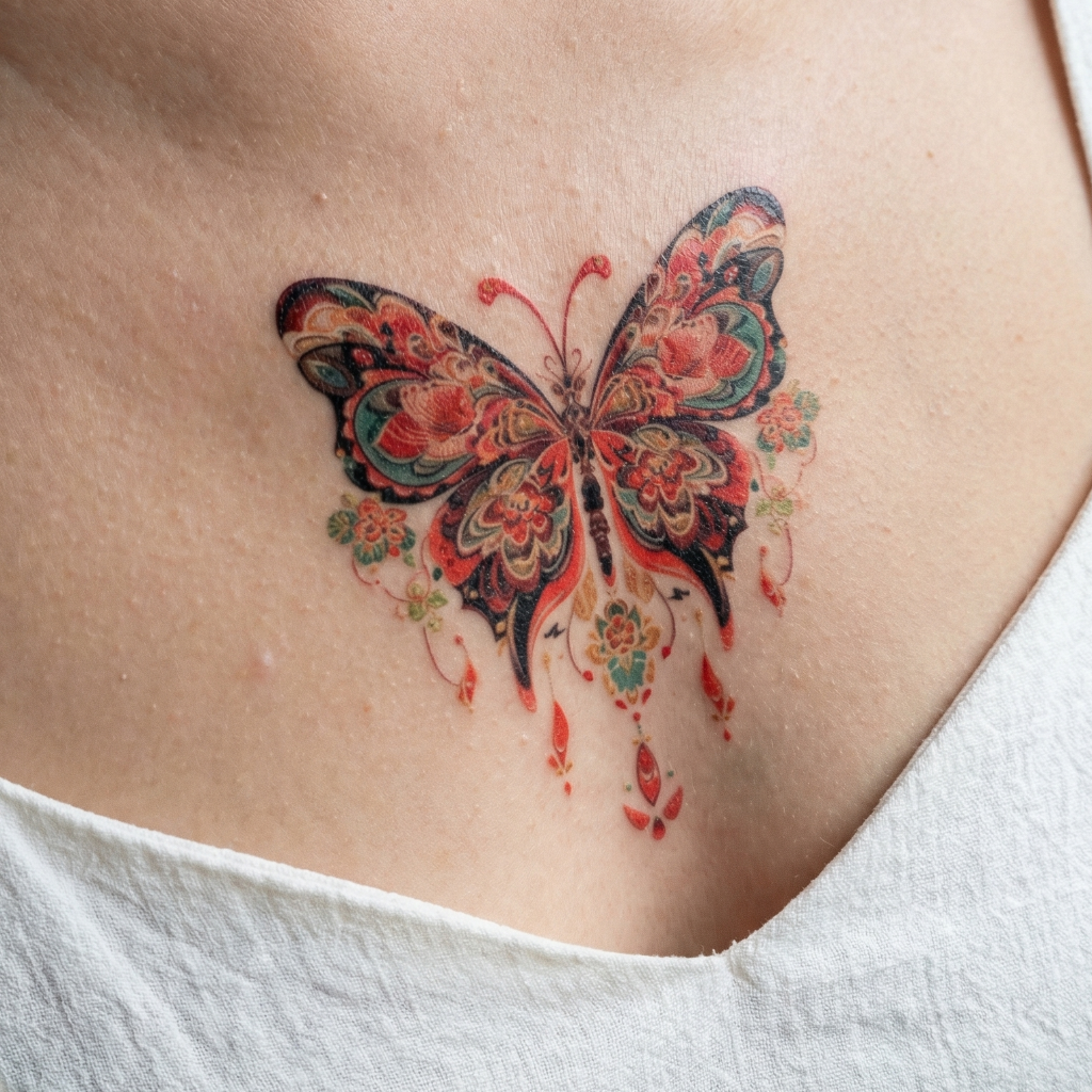 Vintage Red & Teal Ornamental Butterfly Temporary Tattoo