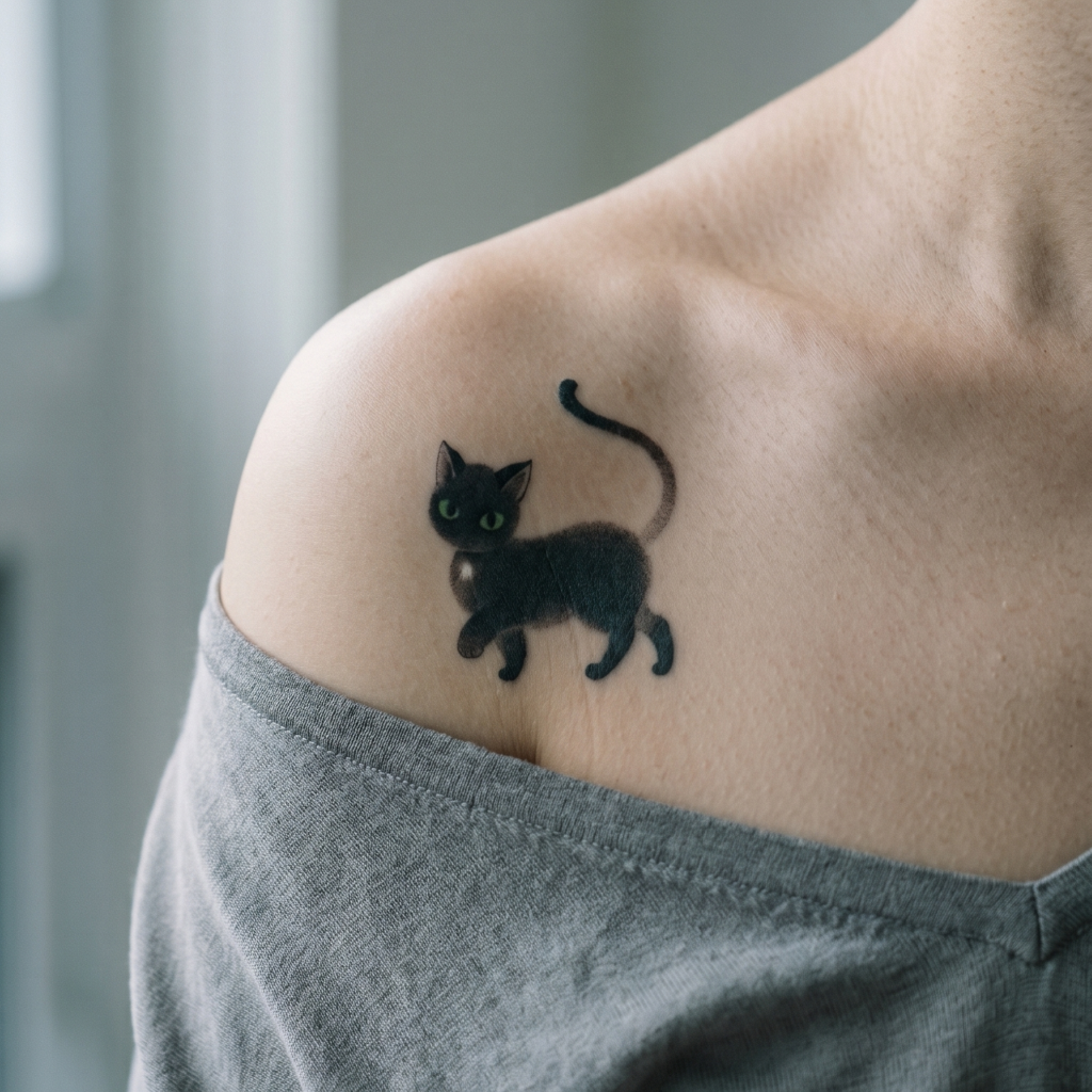 Cute Black Cat with Green Eyes Temporary Tattoo Sticker