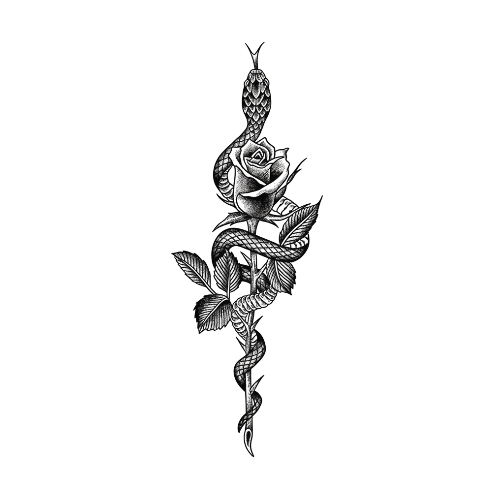 The Serpent’s Bloom: Semi-Permanent Snake & Rose Tattoo Sticker