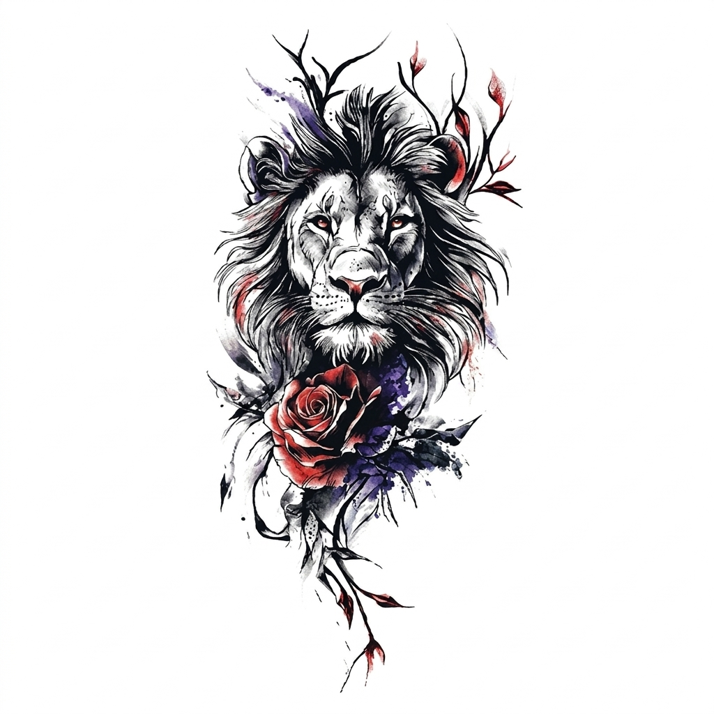 Majestic Lion and Rose Temporary Tattoo