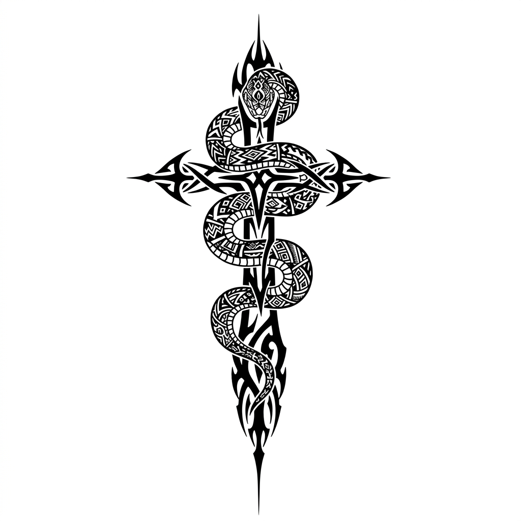 Semi-Permanent Tribal Snake and Cross Tattoo Sticker