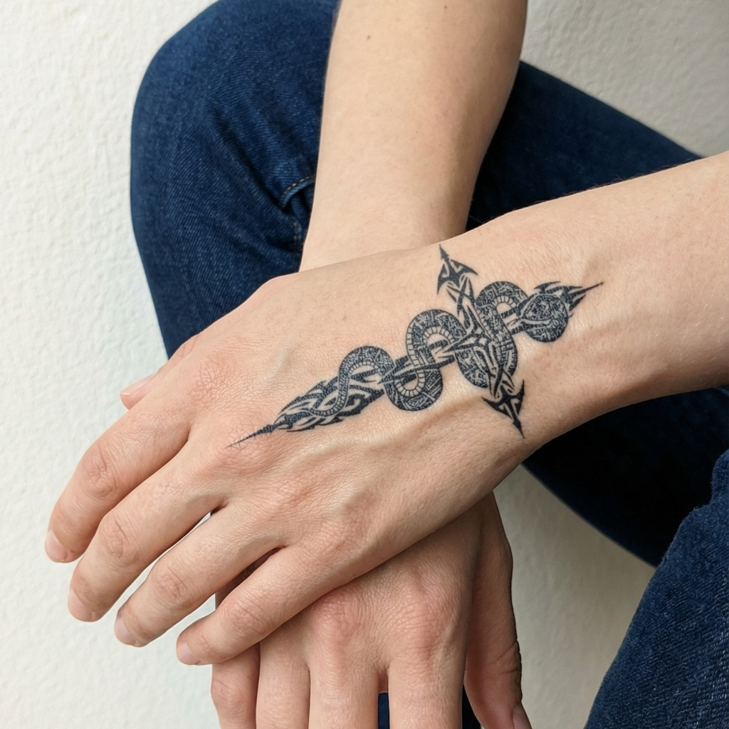 Semi-Permanent Tribal Snake and Cross Tattoo Sticker