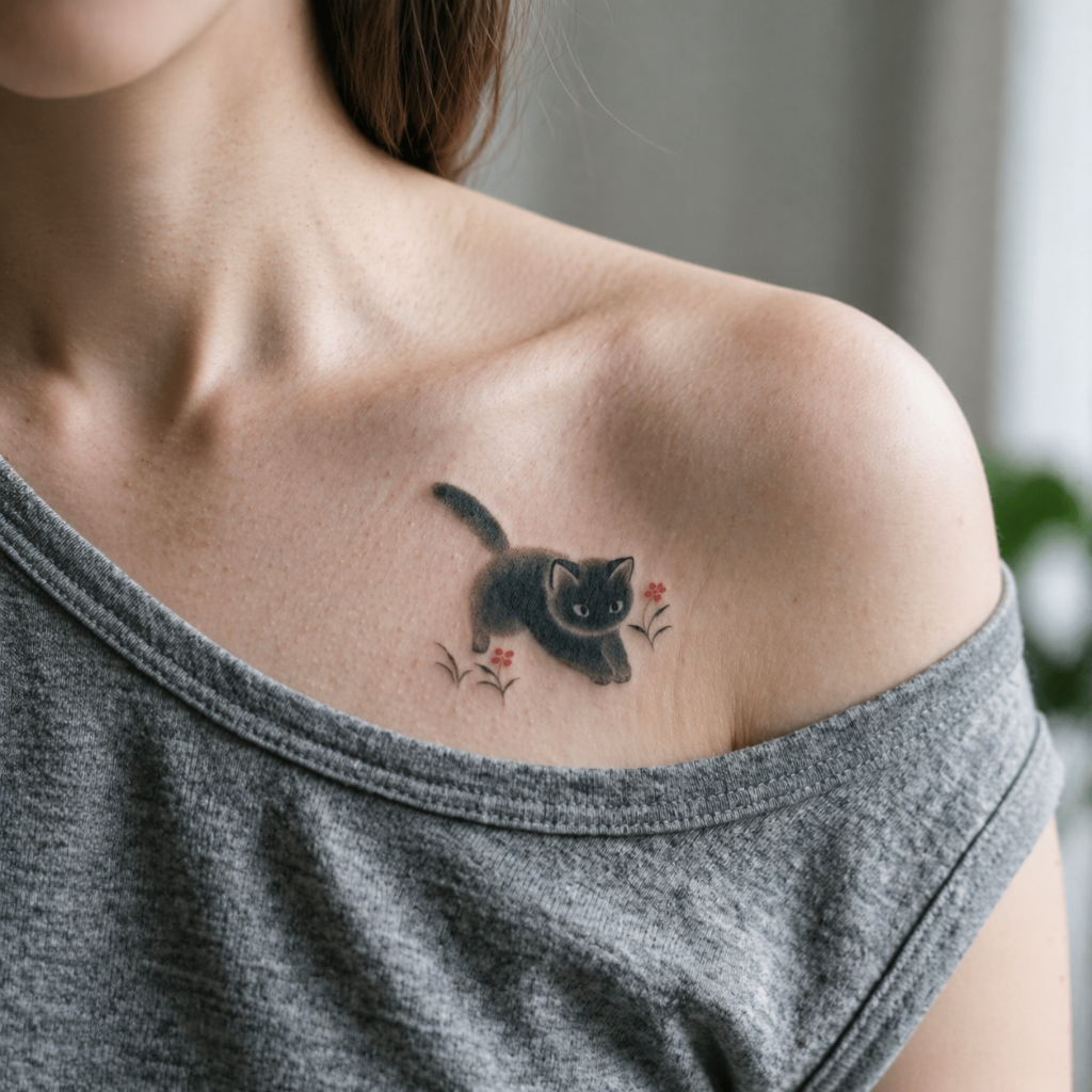 Cute Black Cat & Red Flower Temporary Tattoo Sticker