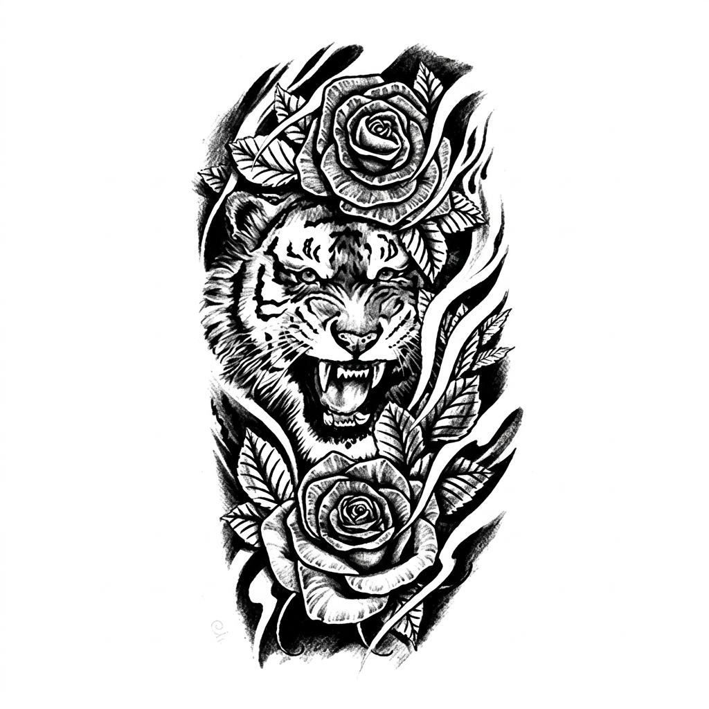 Realistic Tiger and Rose Semi-Permanent Tattoo Sticker