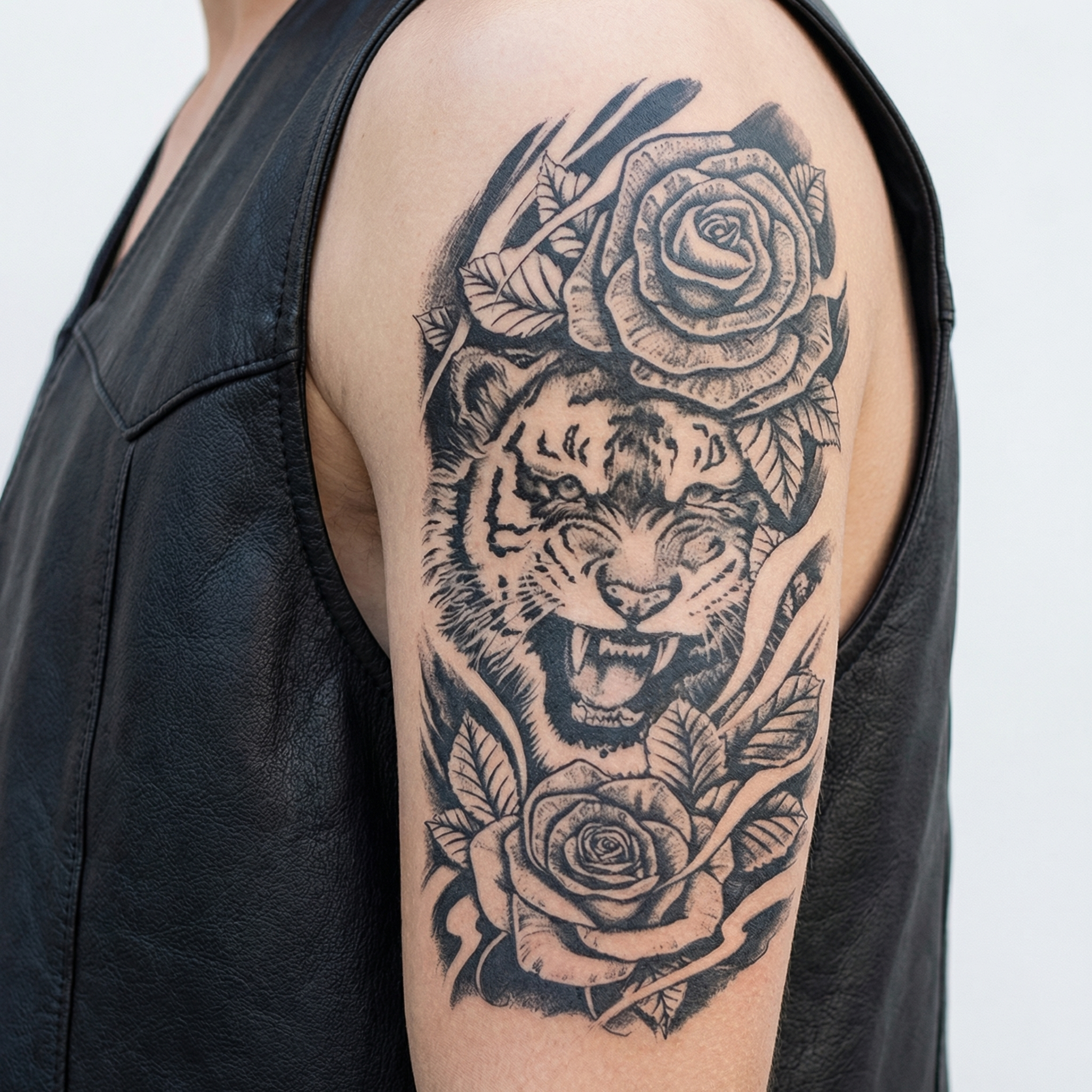 Realistic Tiger and Rose Semi-Permanent Tattoo Sticker