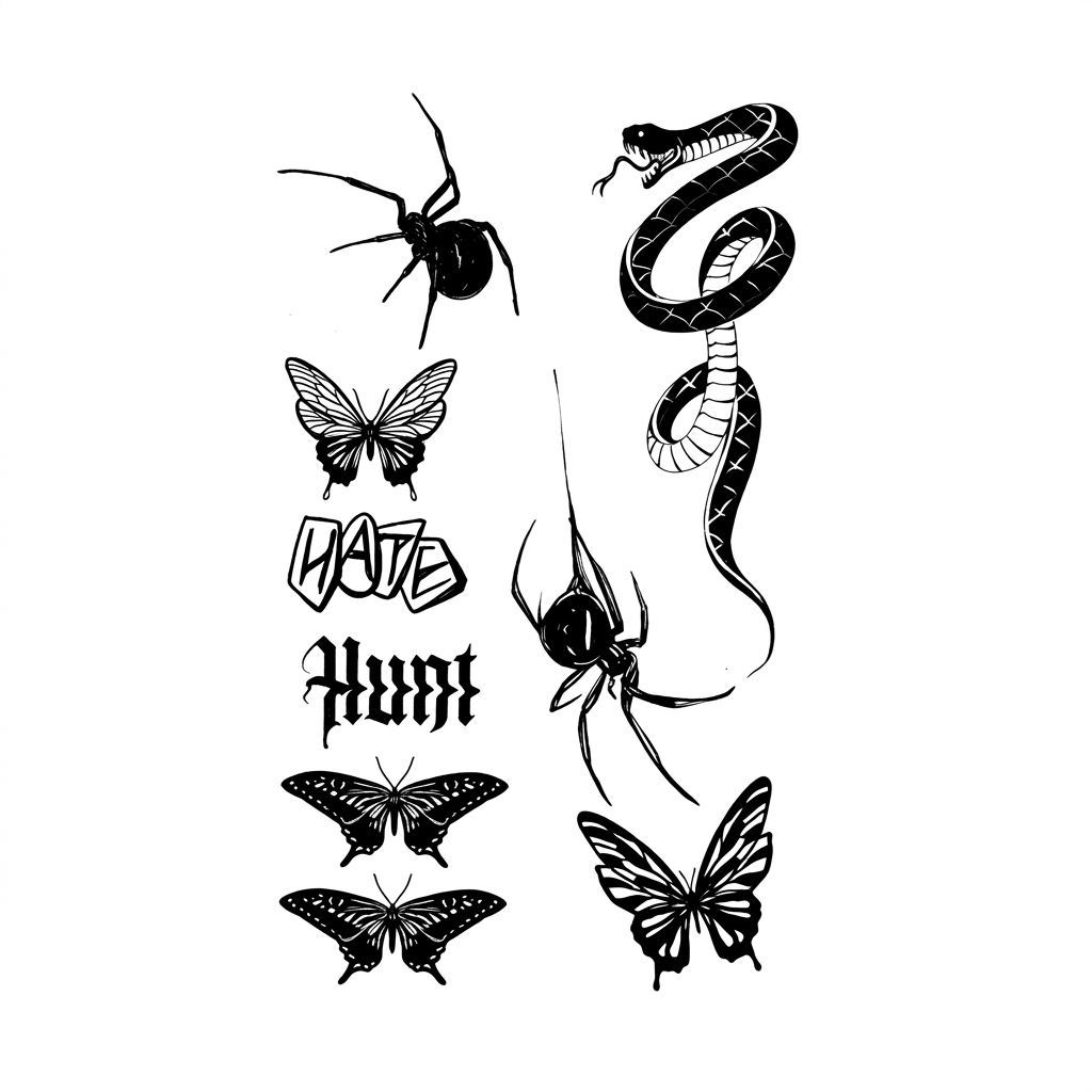 Urban Shadow Semi-Permanent Tattoo Sheet - Snake, Spider, & Butterfly Gothic Designs