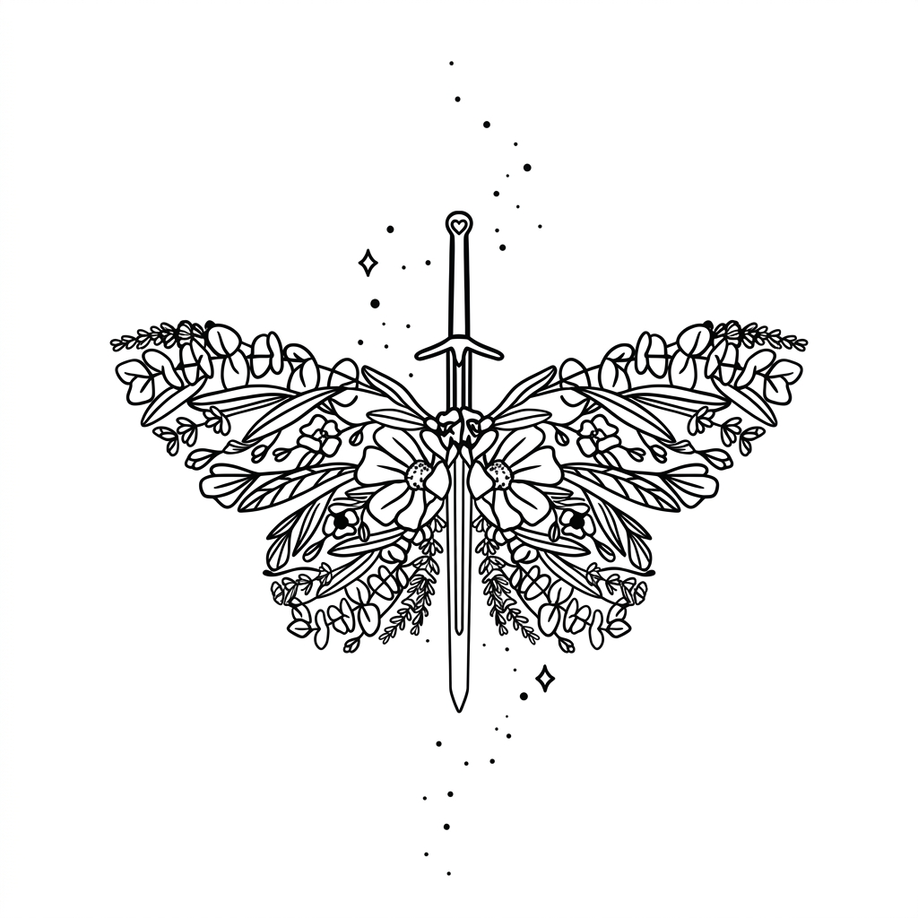 Floral Butterfly Sword Temporary Tattoo
