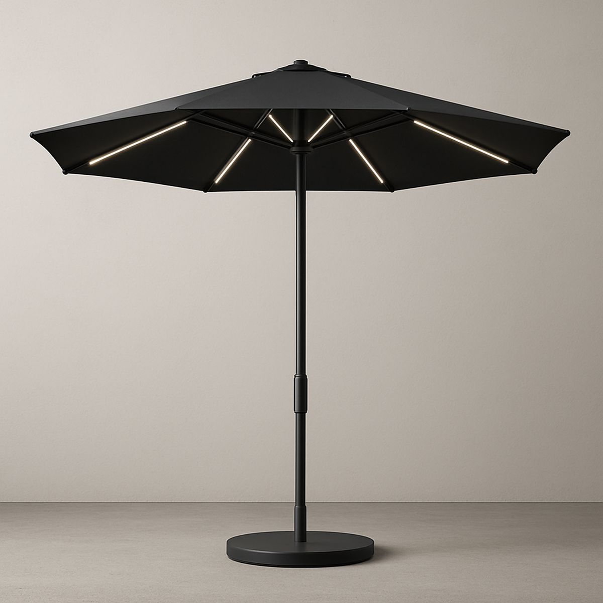 Schwarzer Sonnenschirm mit LED-Beleuchtung, Aluminium und Stahl, Ø 300 cm