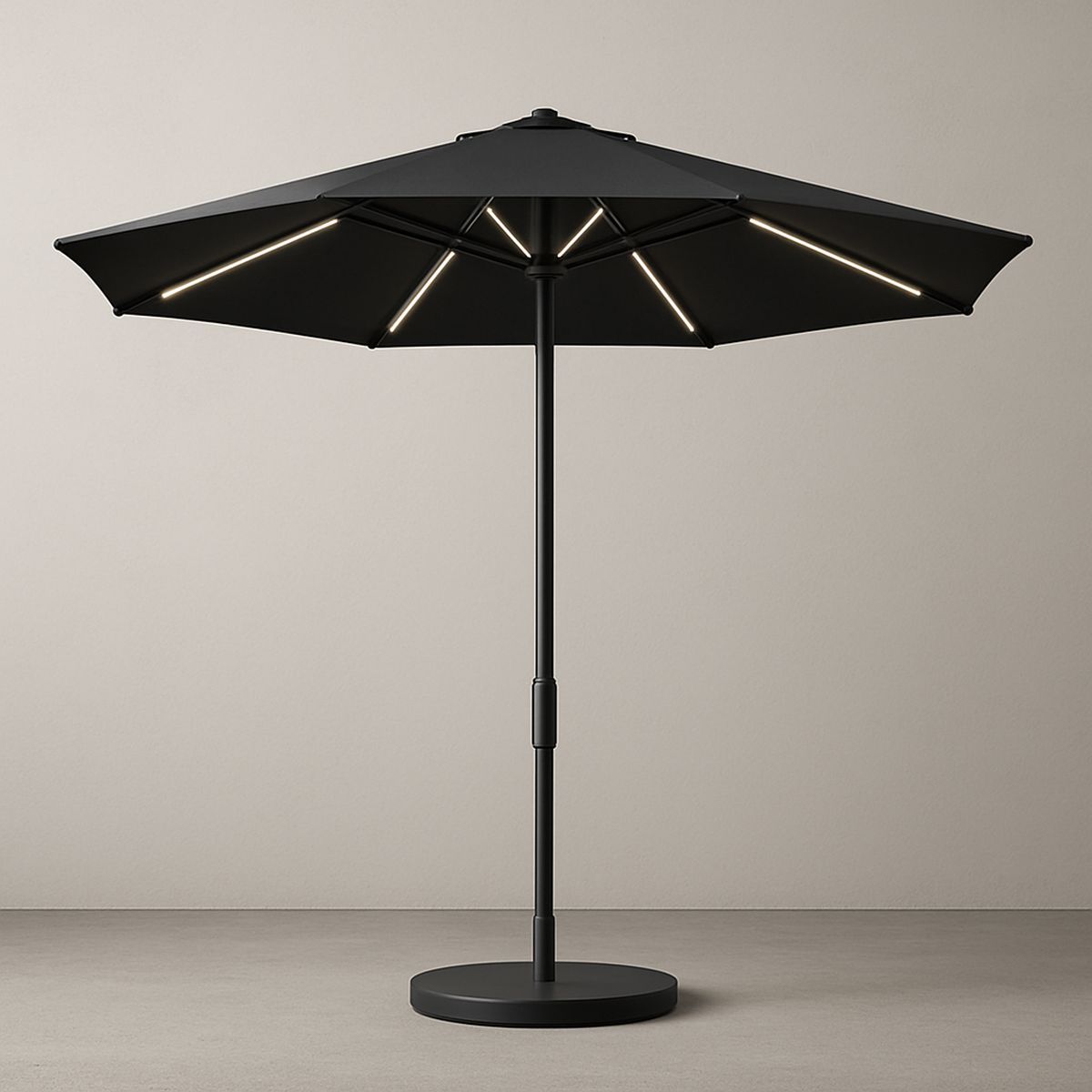 Schwarzer Sonnenschirm mit LED-Beleuchtung, Aluminium und Stahl, Ø 300 cm