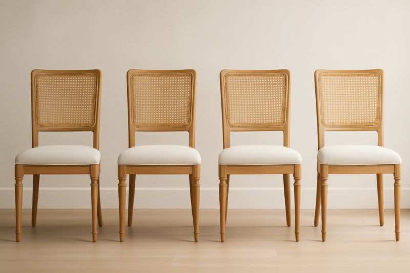 Lot de 4 chaises en bois avec dossier en cannage et assise en tissu beige