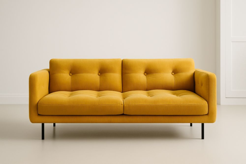 Divano in velluto a coste con gambe in metallo