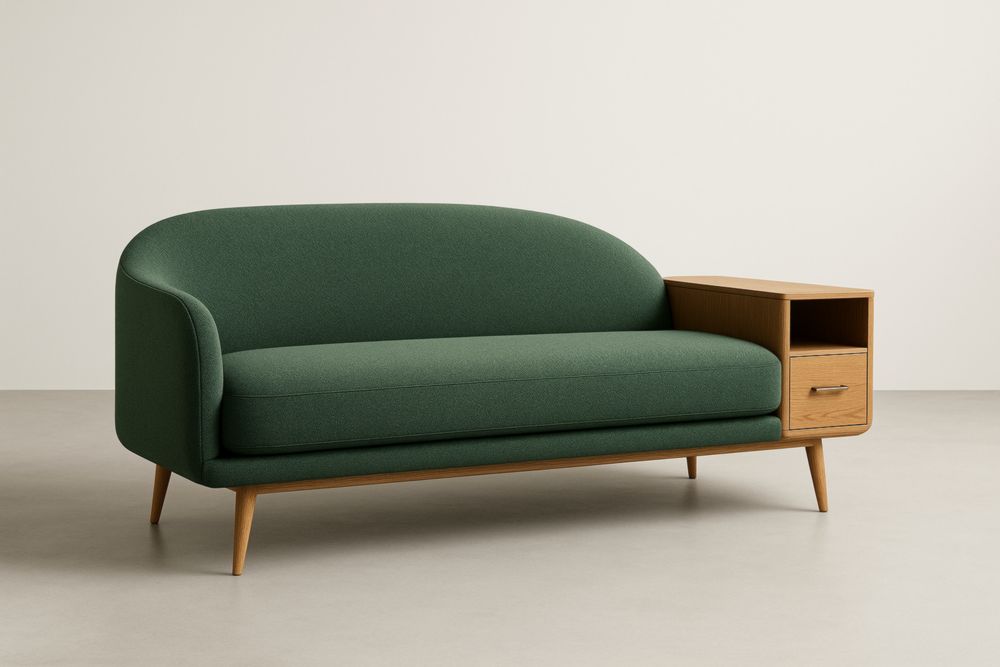 Divano a 2 posti in tessuto verde con base in legno e cassettiera