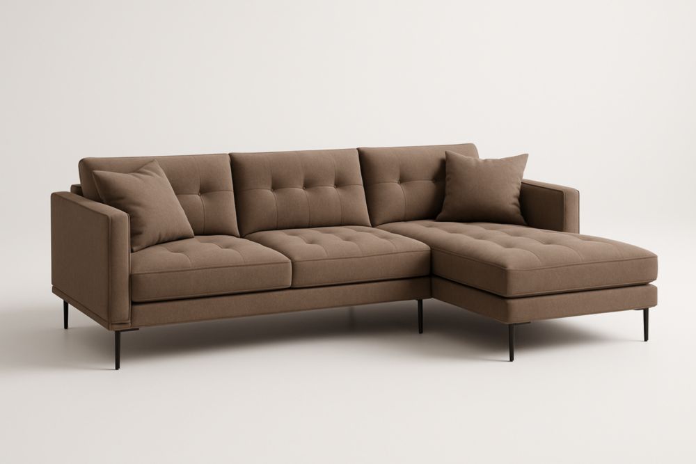 Divano angolare in tessuto marrone con chaise longue