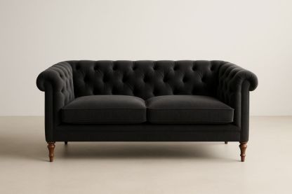 Divano 2 posti in velluto nero con braccioli arrotolati