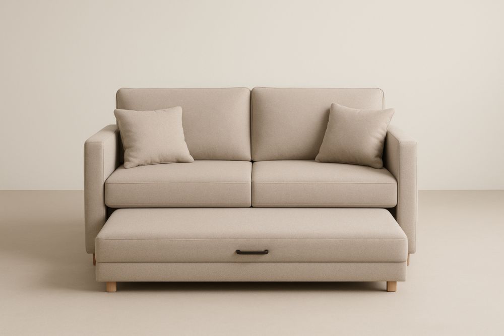 Divano Letto Due Posti Rettangolare in Tessuto Beige con Contenitore