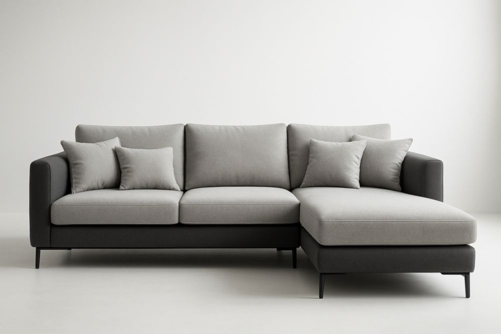 Divano angolare in tessuto poliestere grigio chiaro e scuro