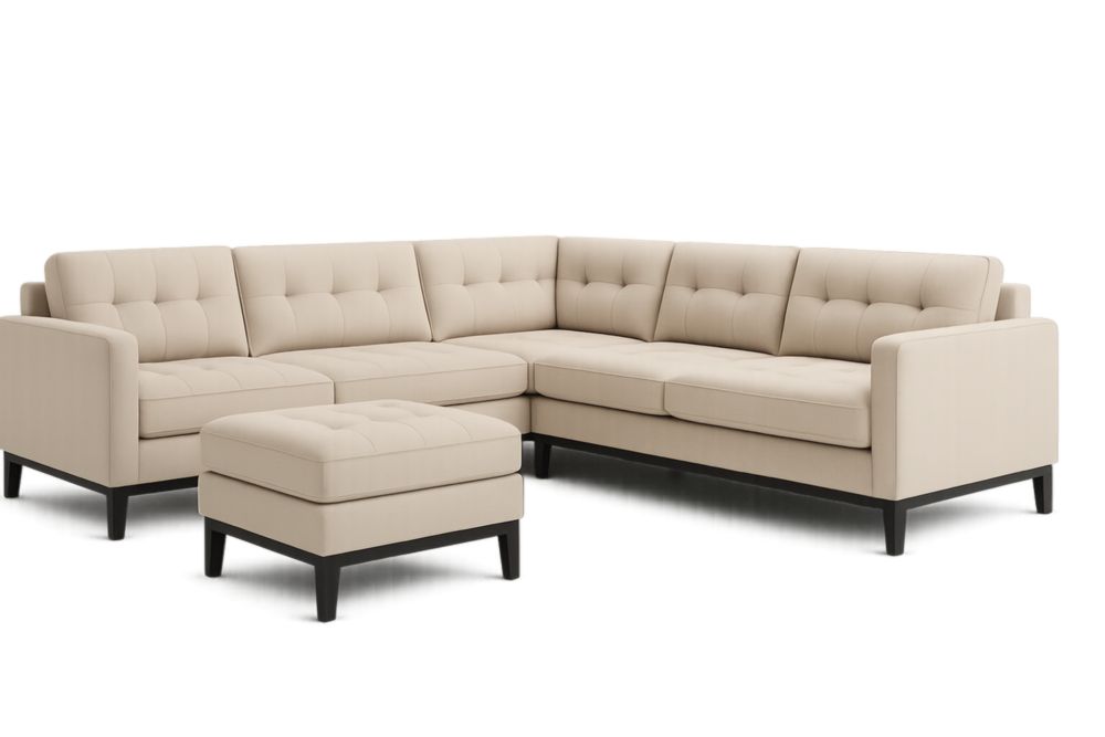Divano angolare in tessuto beige con poggiapiedi