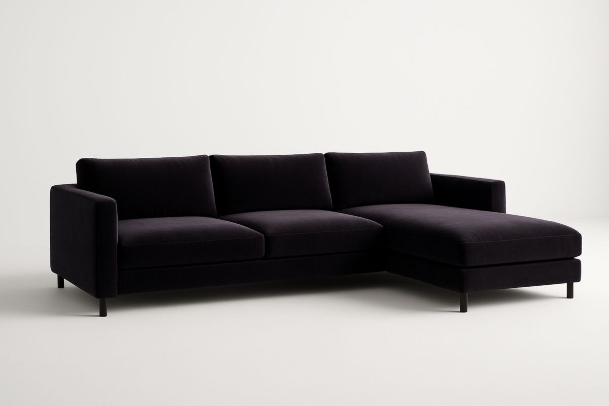 Divano angolare in velluto nero con struttura in legno