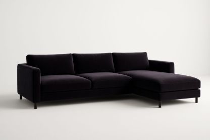 Divano angolare in velluto nero con struttura in legno