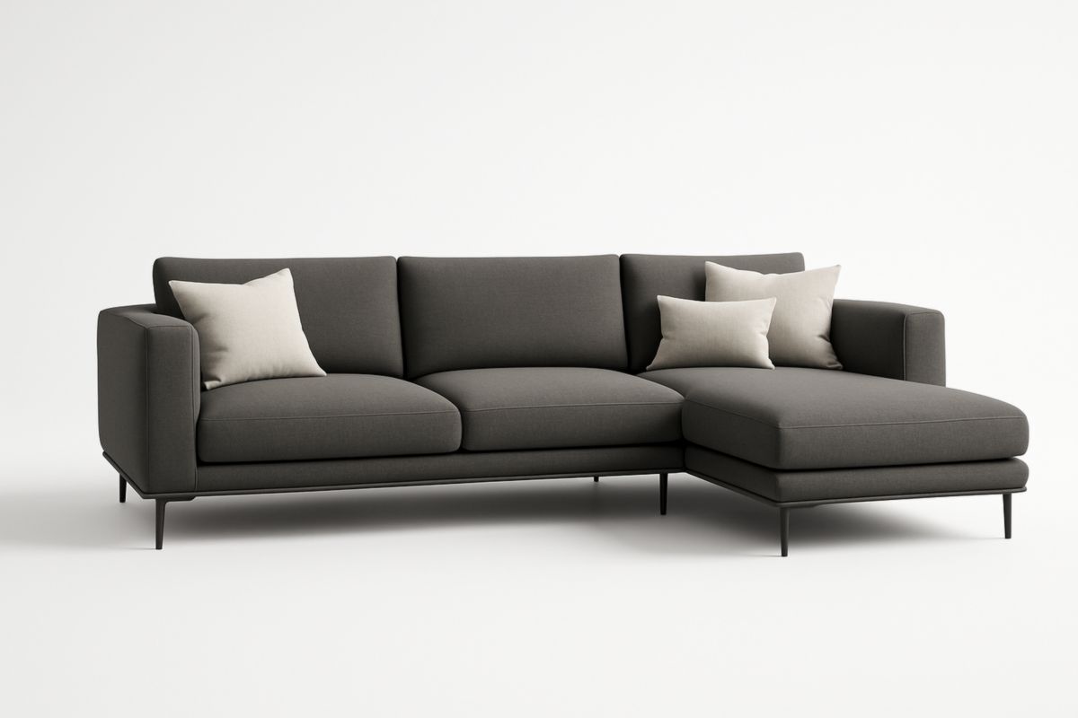 Divano angolare in tessuto grigio con chaise longue