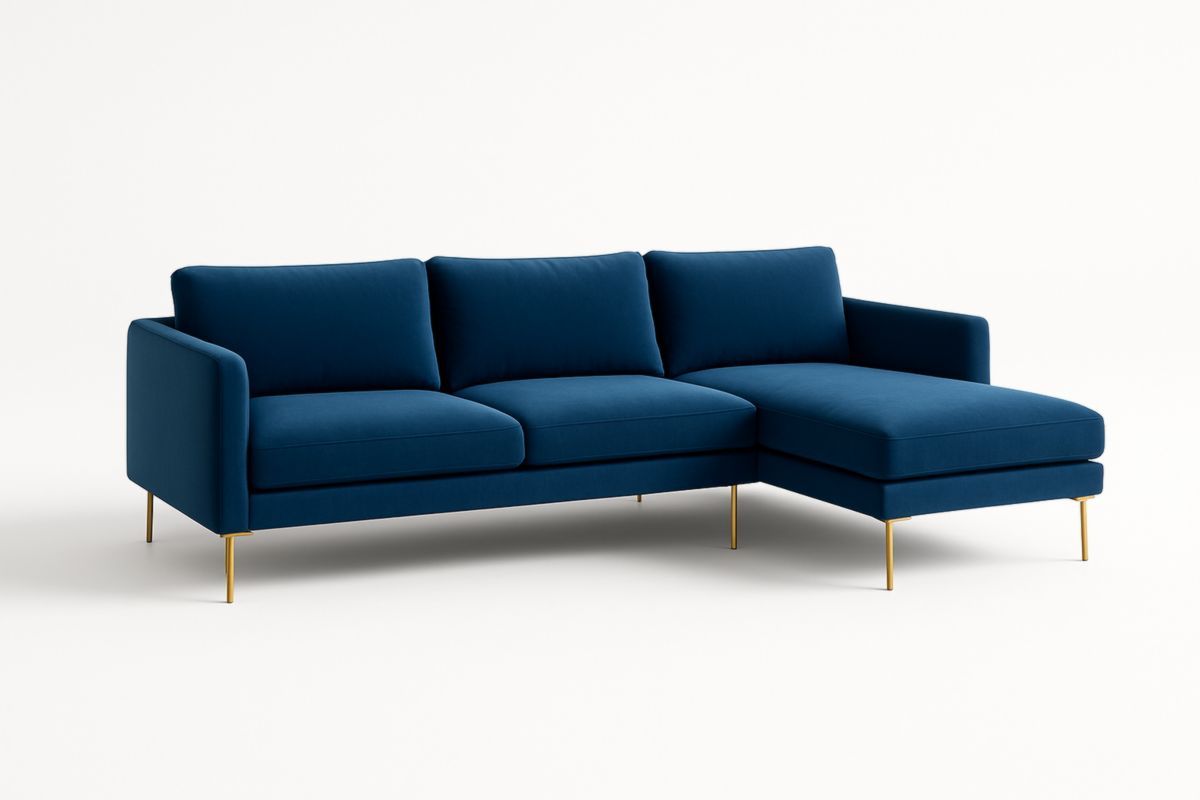 Divano ad Angolo in Tessuto Blu con Gambe in Metallo