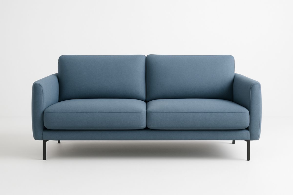 Divano due posti blu in tessuto con struttura in metallo