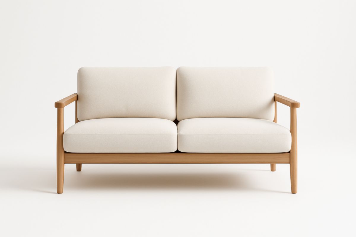 Divano due posti tessuto poliestere bianco legno massello