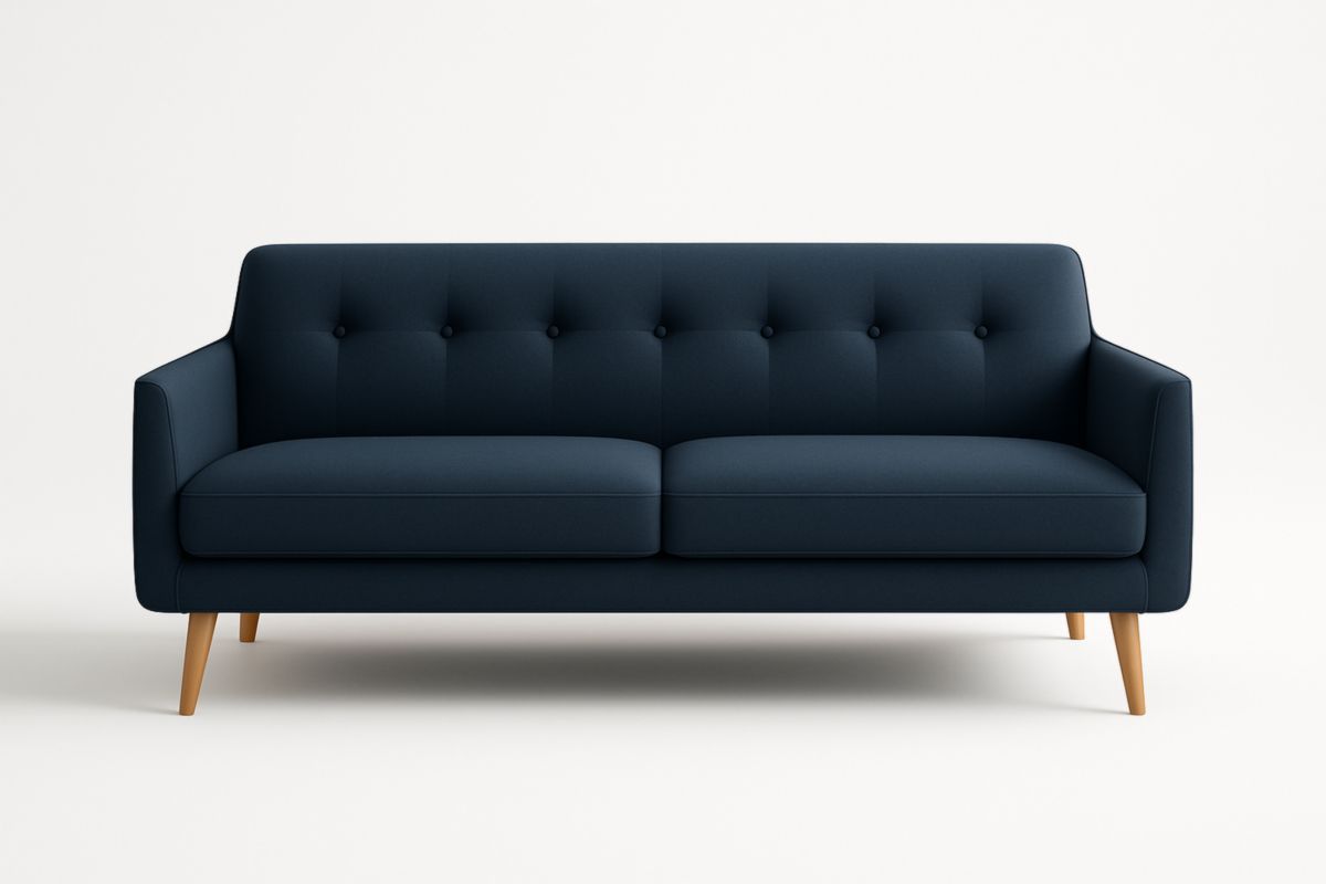 Divano moderno 2 posti blu tessuto poliestere gambe legno