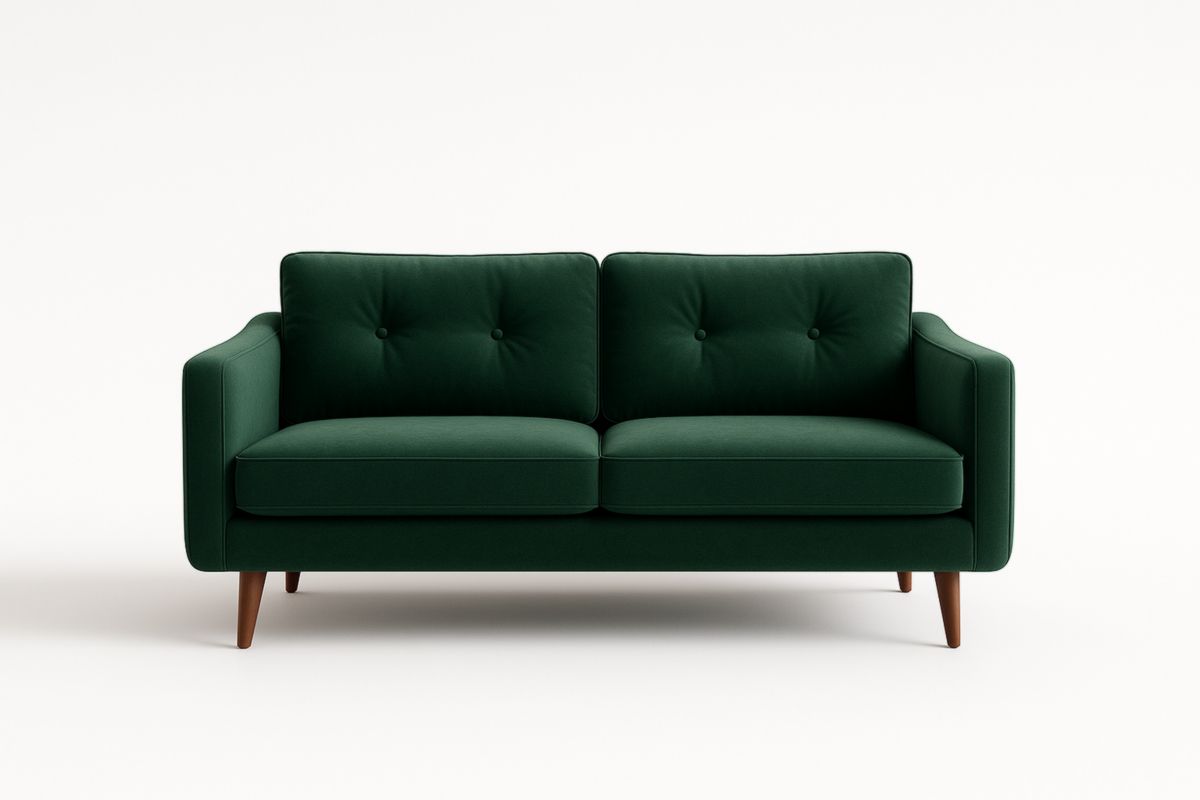 Divano 2 posti in tessuto poliestere verde con gambe in legno