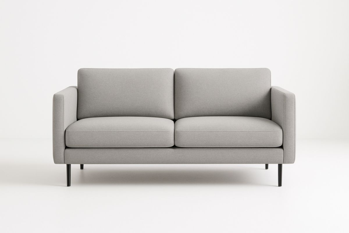Divano due posti in tessuto poliestere grigio con gambe in metallo