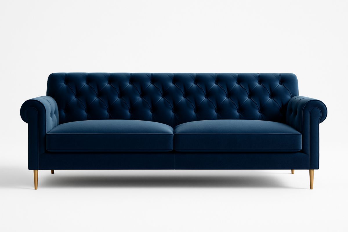 Divano in Velluto Blu con Schienale Capitonné e Gambe in Legno