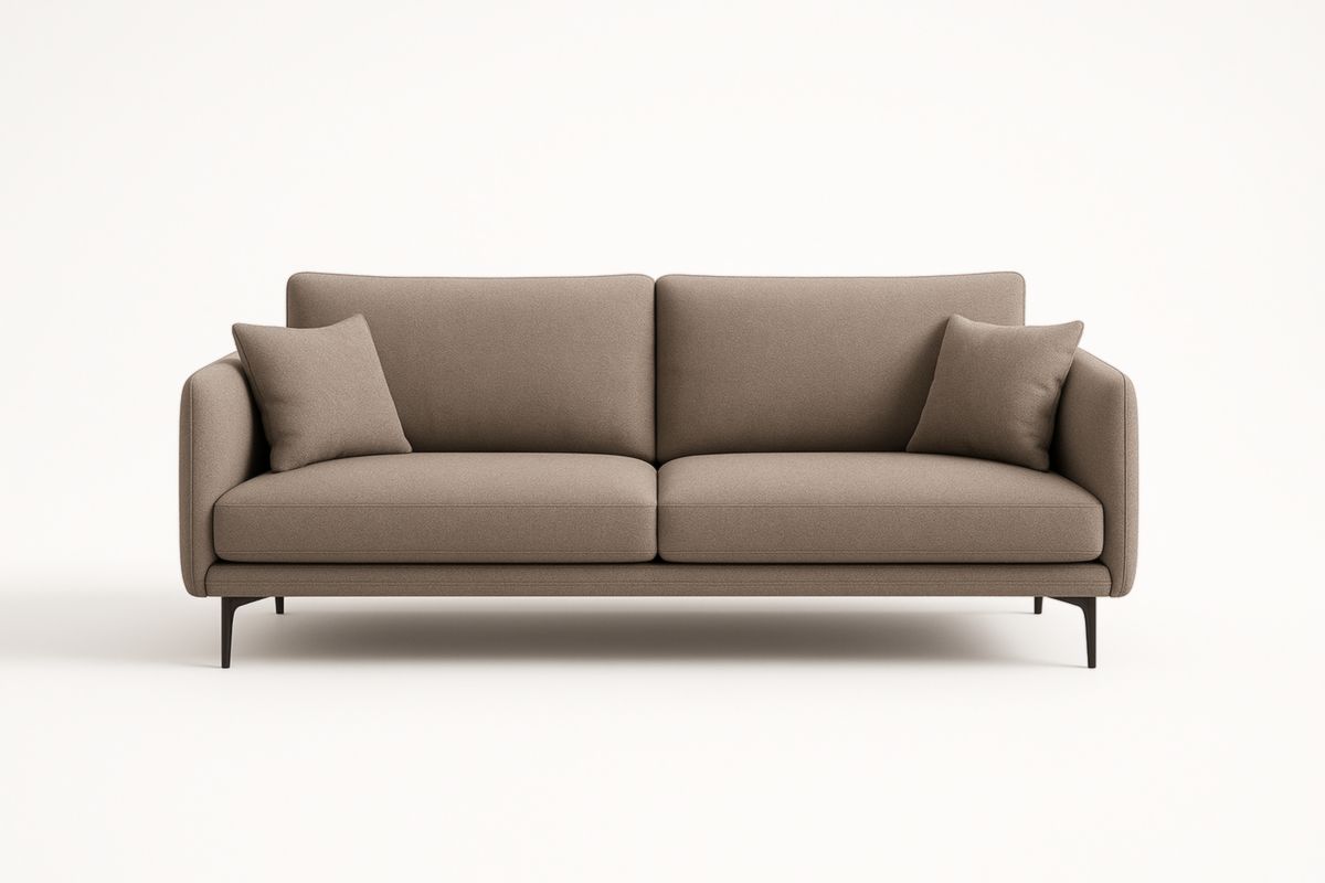 Divano a due posti in tessuto beige, include cuscini