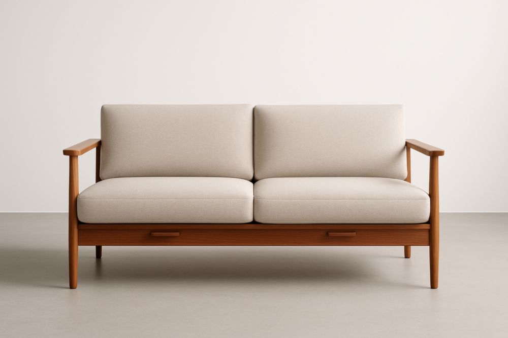 Divano due posti in legno e tessuto beige