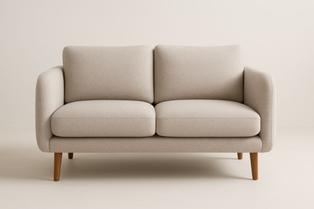 Divano due posti in tessuto beige con gambe in legno