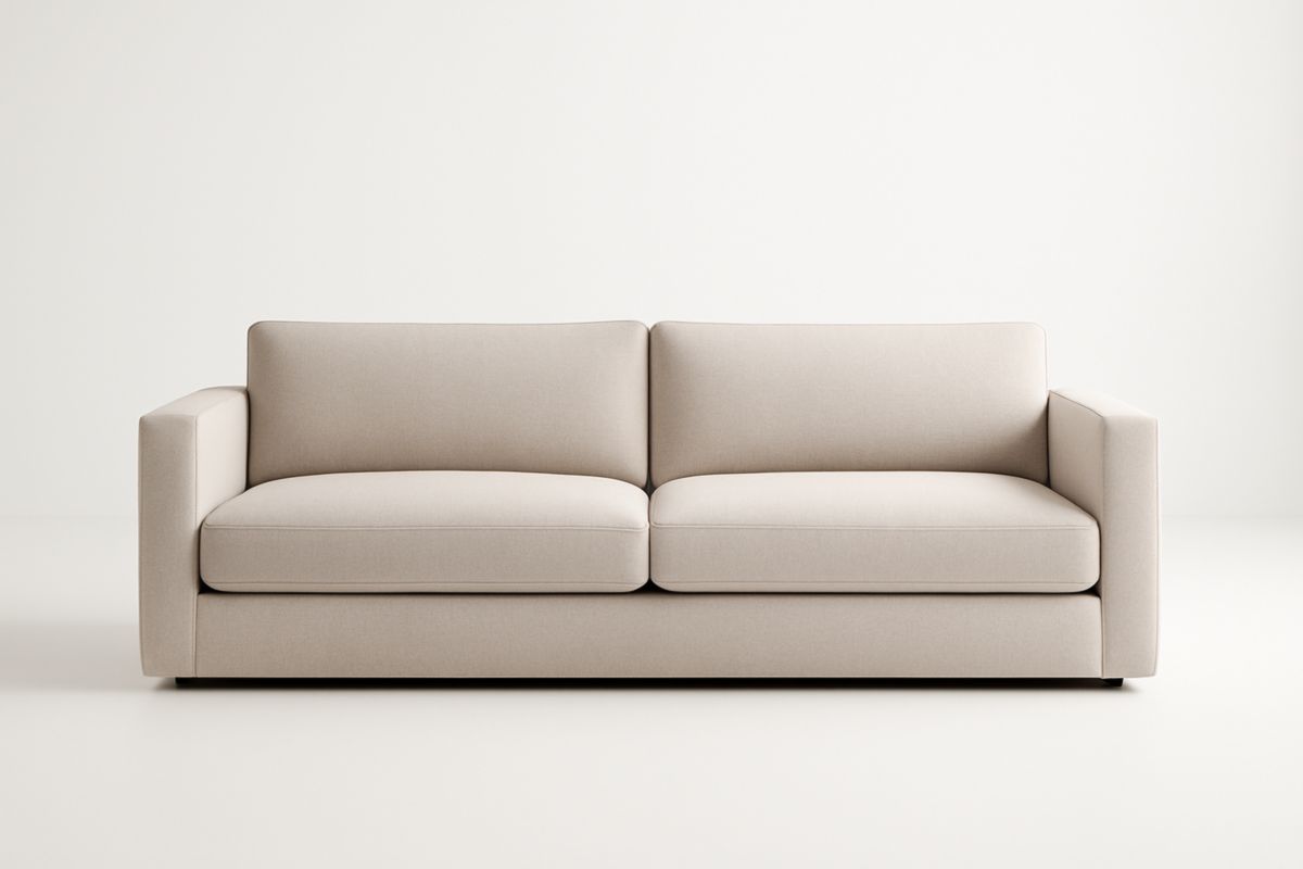 Divano in tessuto beige con braccioli