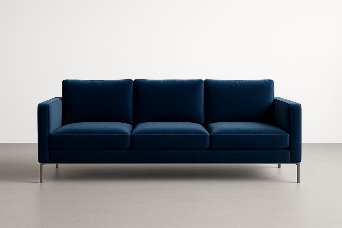 Divano a 3 posti in velluto blu con gambe in metallo