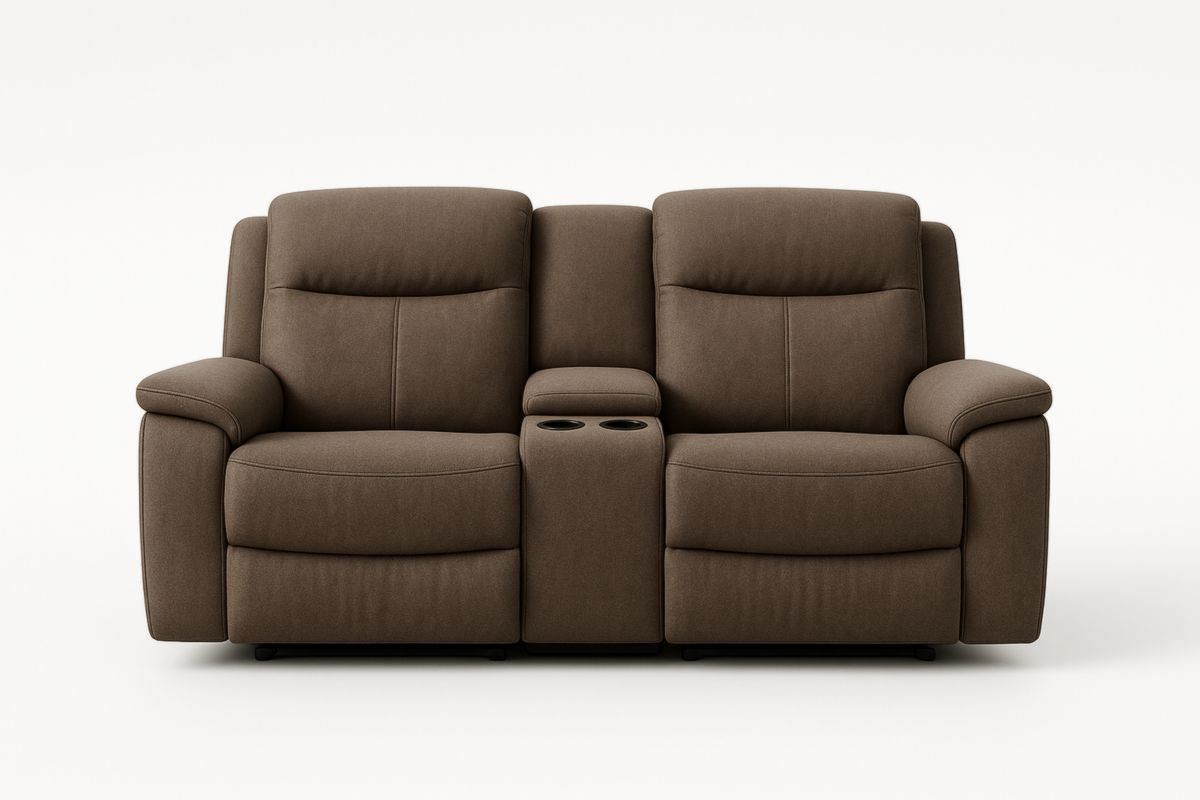 Divano reclinabile a due posti in tessuto marrone con portabicchieri