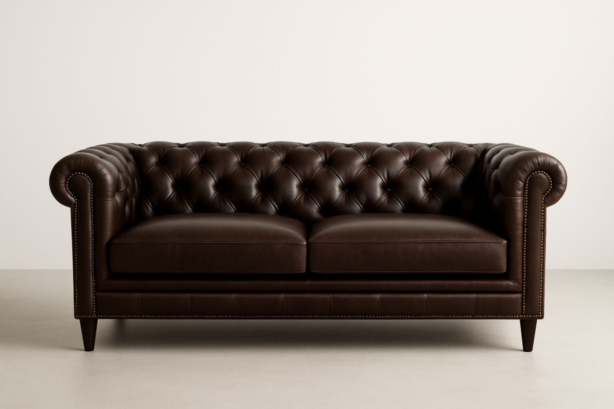 Divano 2 Posti in Pelle Marrone con Dettagli Capitonné