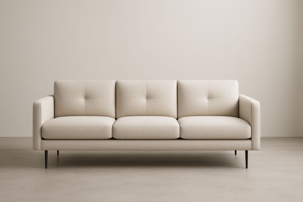 Divano a tre posti in tessuto beige con gambe in metallo