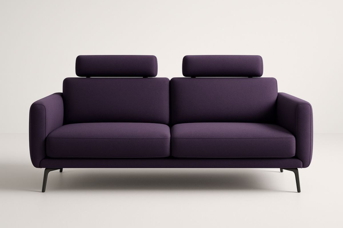 Divano a due posti in tessuto poliestere viola con gambe in metallo